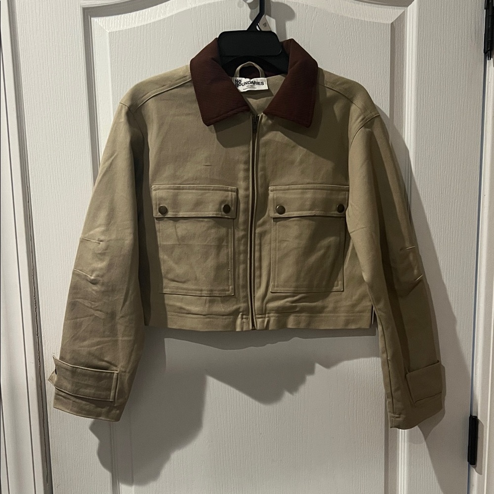 No Boundaries Tan Utility Jacket with Brown Collar